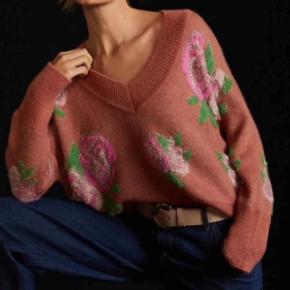 Anthropologie Floral Distressed Drop Shoulder Sweater Size S